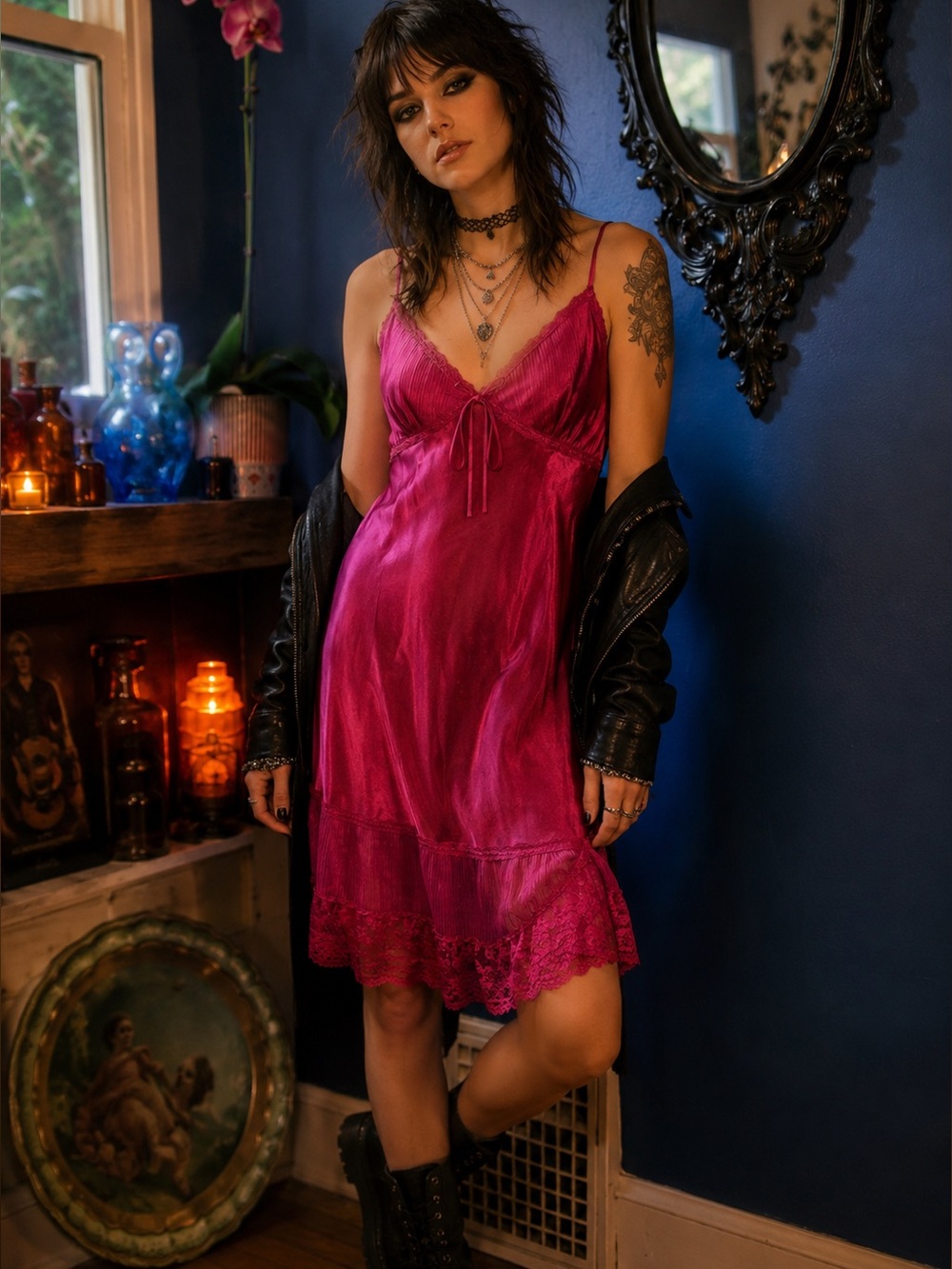Vintage Morgan Taylor Crimson Magenta Lace-Trim Slip Dress